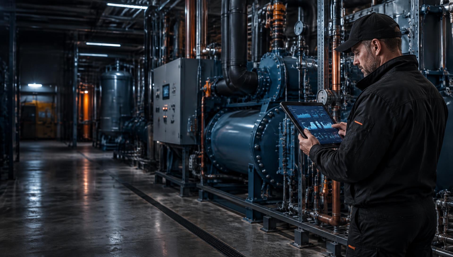 Commercial HVAC technician performing preventive maintenance