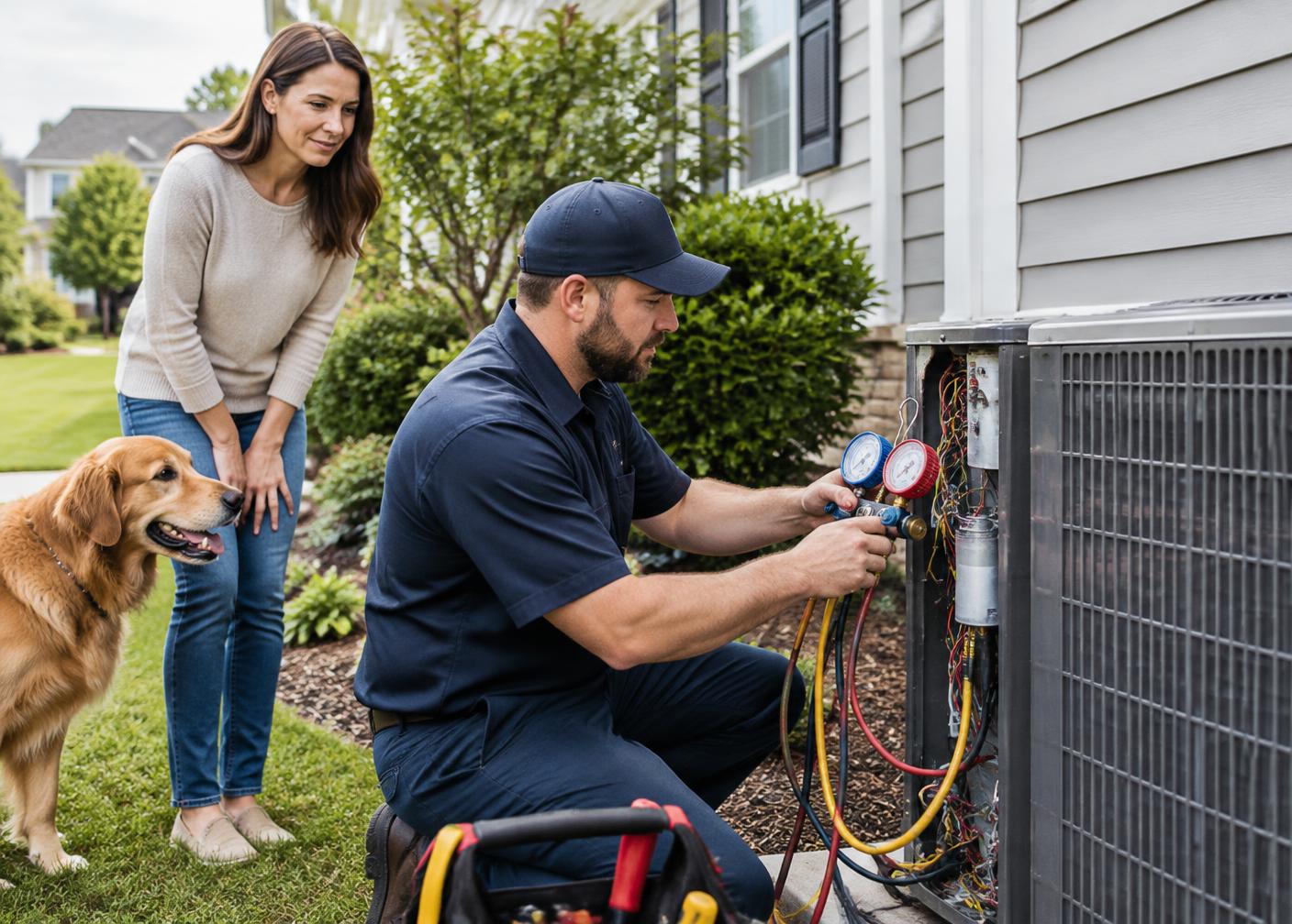 Technician diagnosing a residential air conditioner with a homeowner nearby