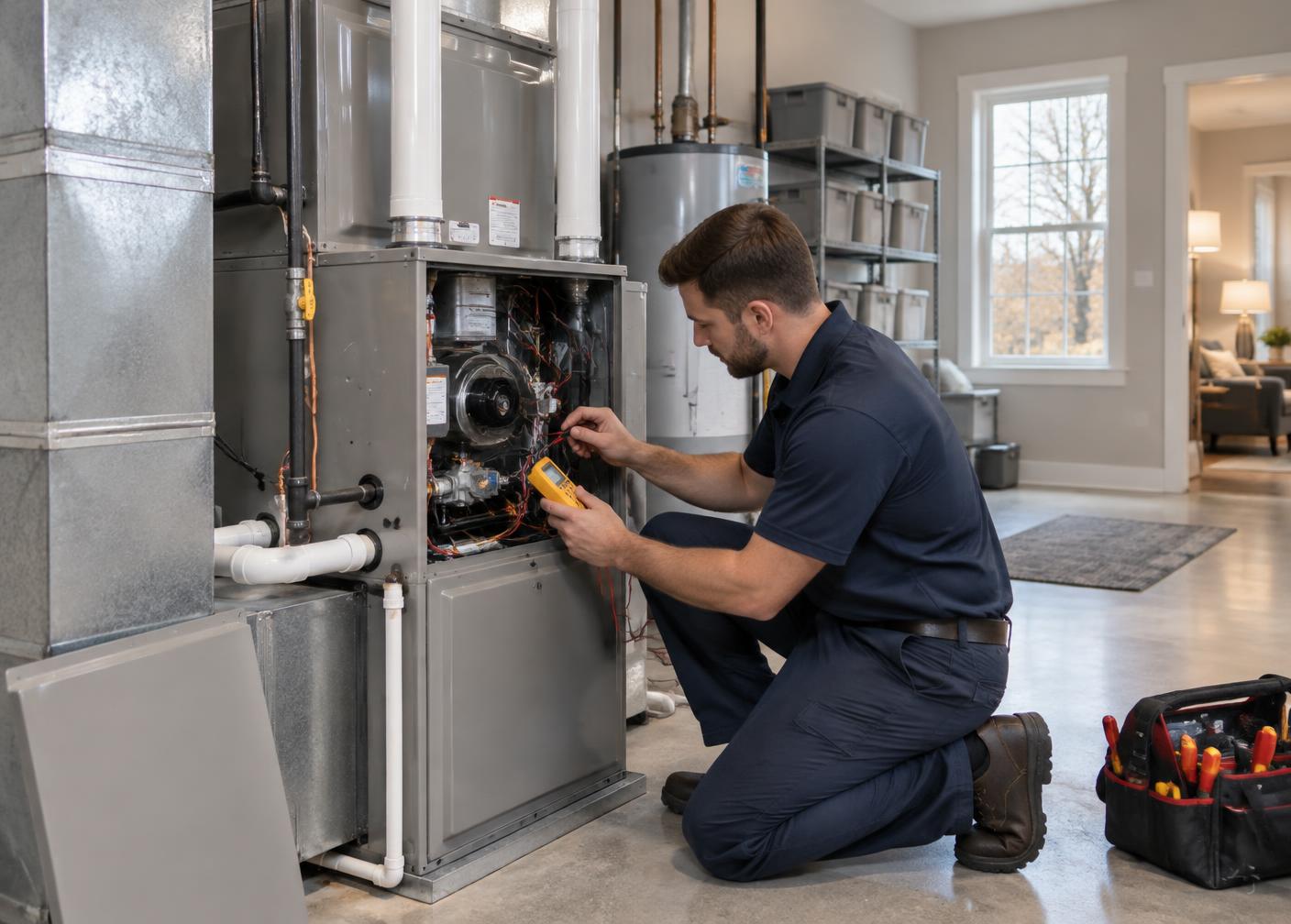 Technician inspecting a residential furnace