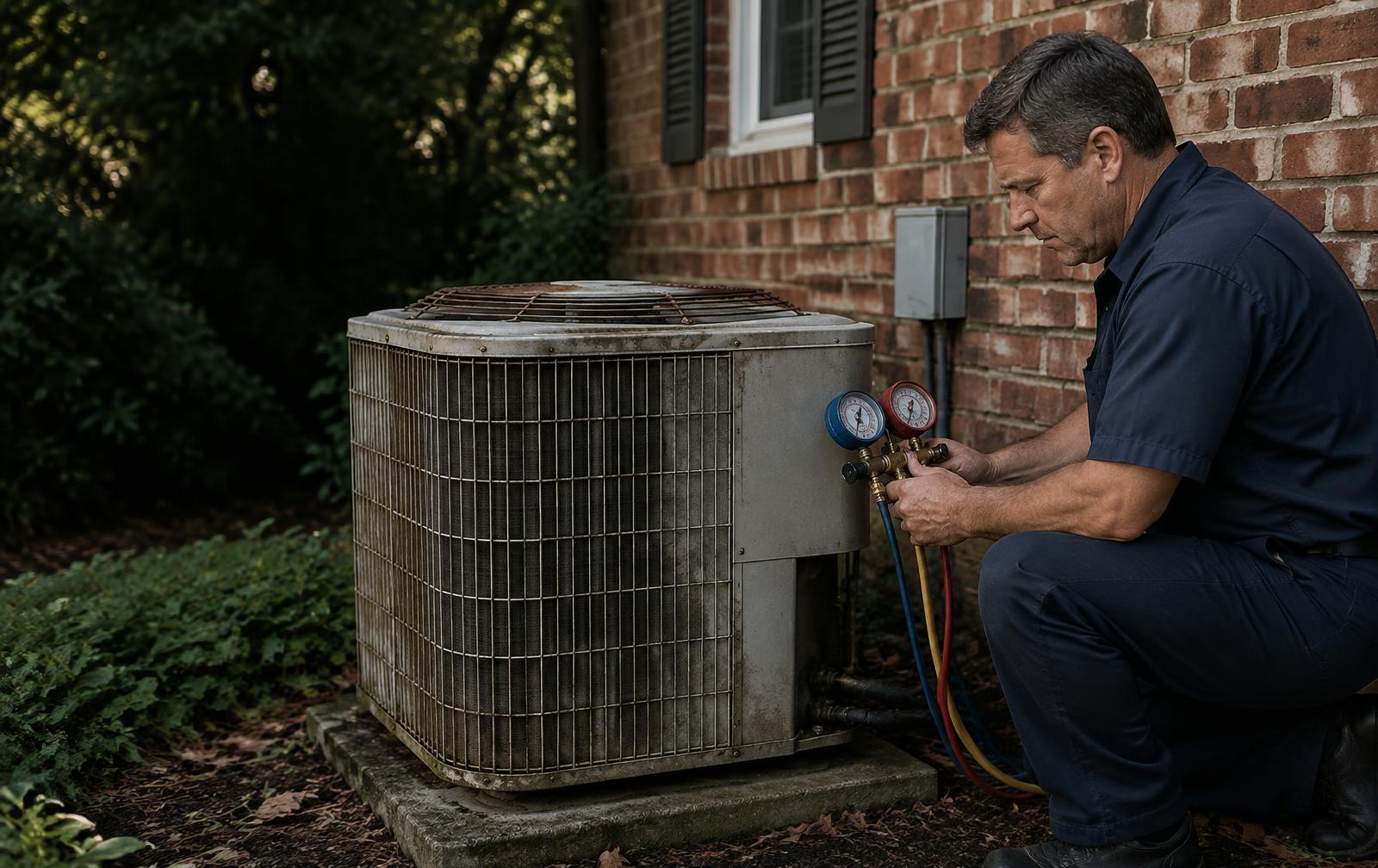 Technician carefully evaluating an older residential outdoor condenser