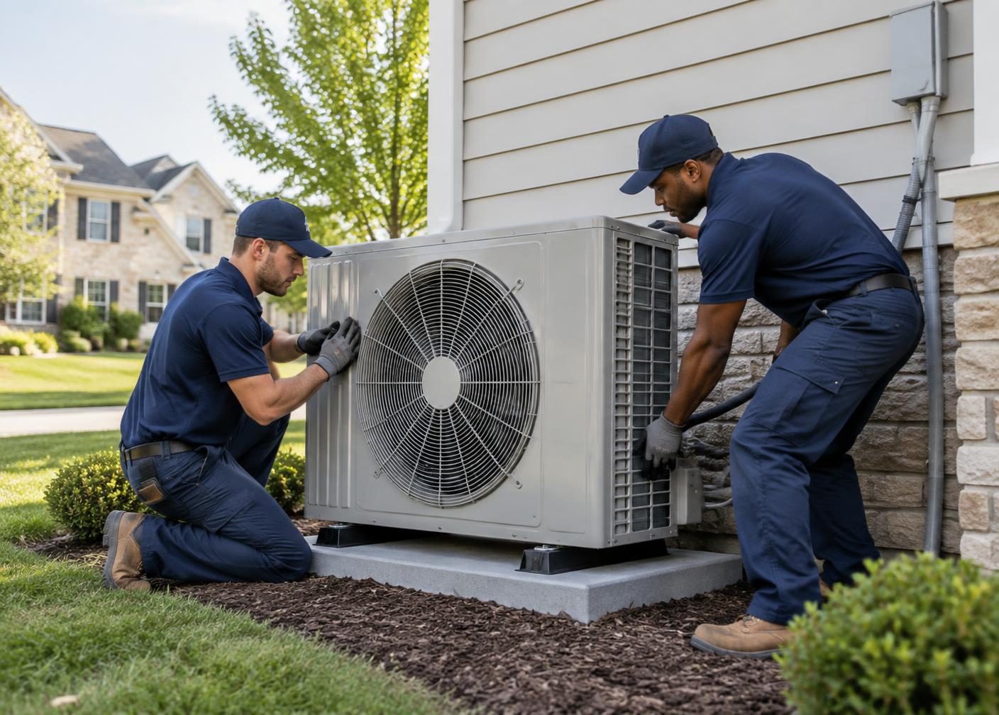 Technicians installing a high-efficiency residential heat pump