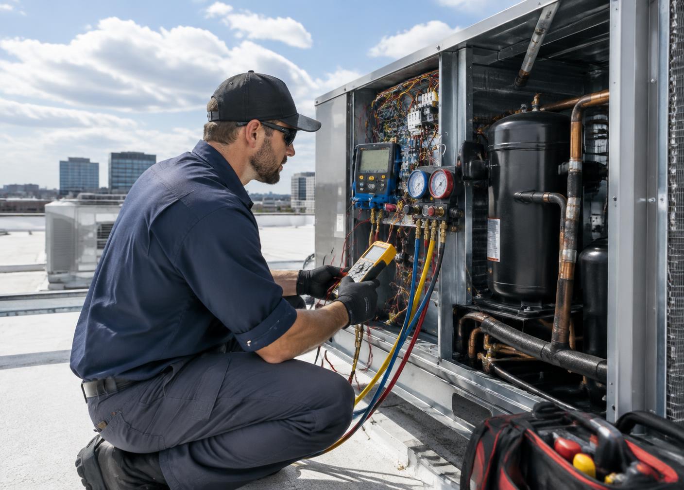 Technician diagnosing commercial rooftop equipment