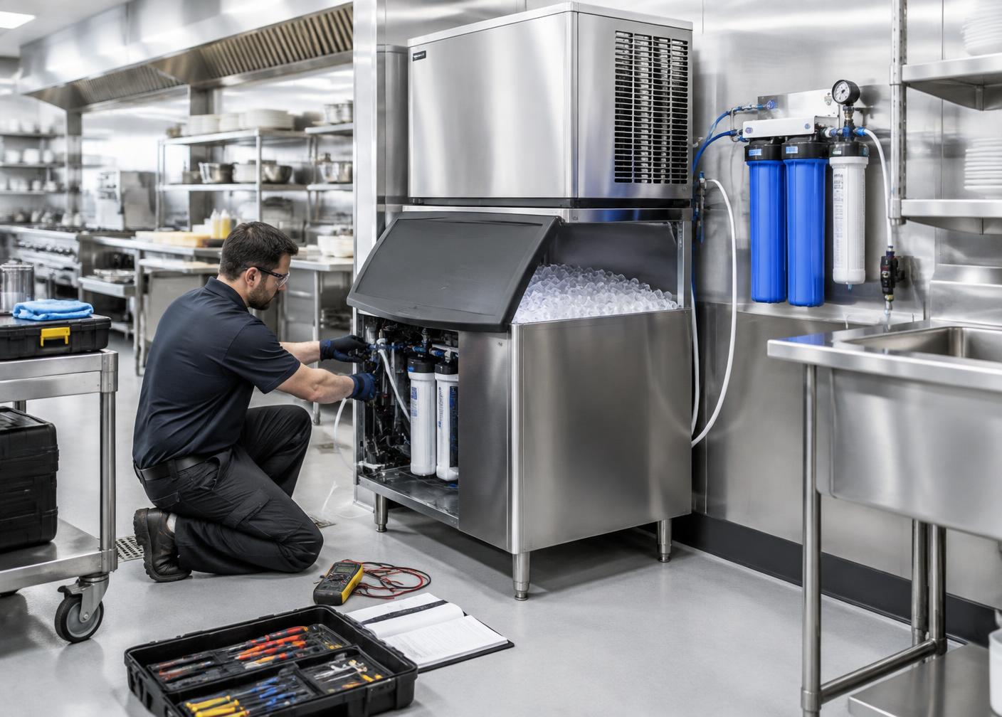 Technician installing a commercial kitchen ice machine