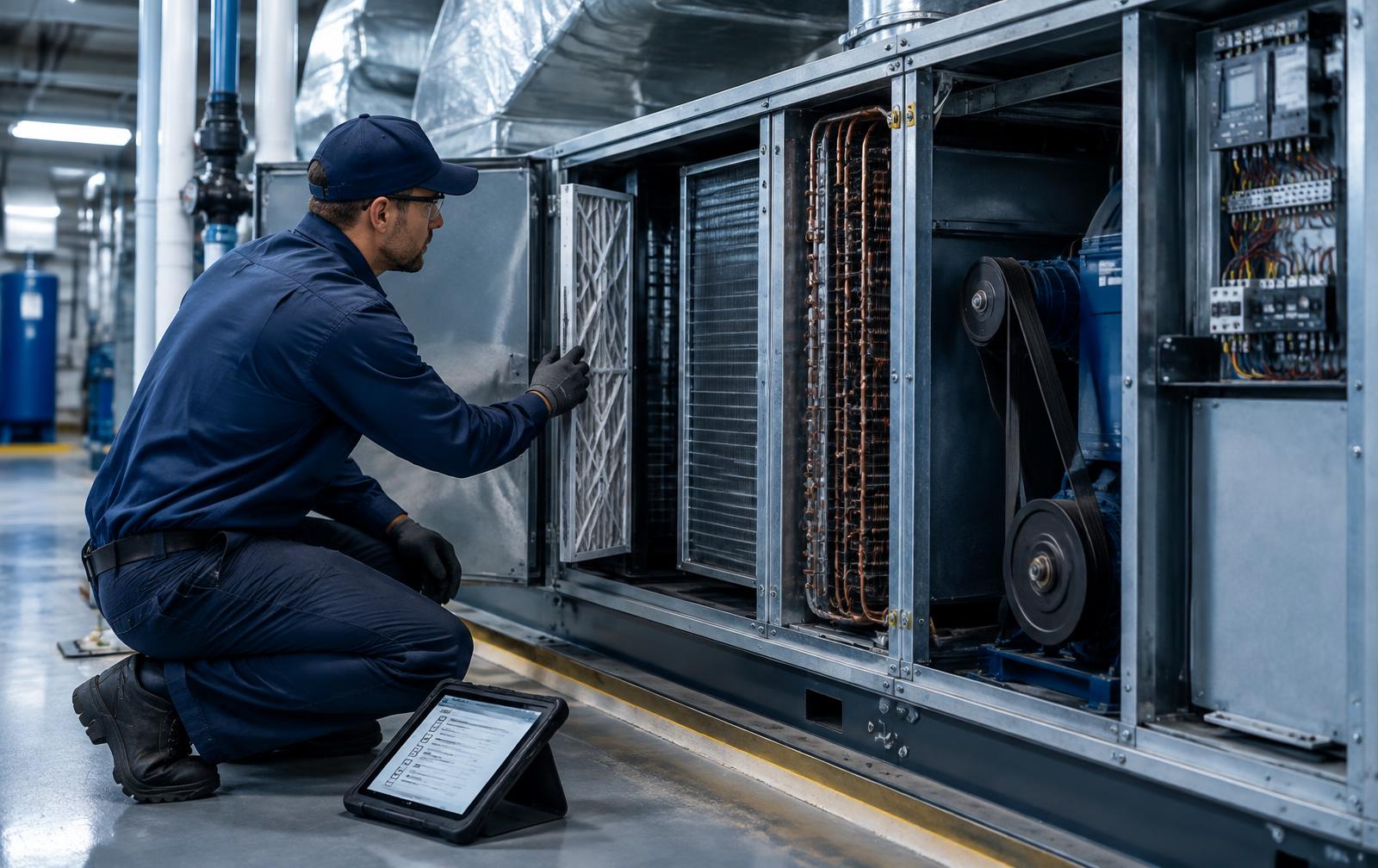Technician performing scheduled commercial HVAC maintenance