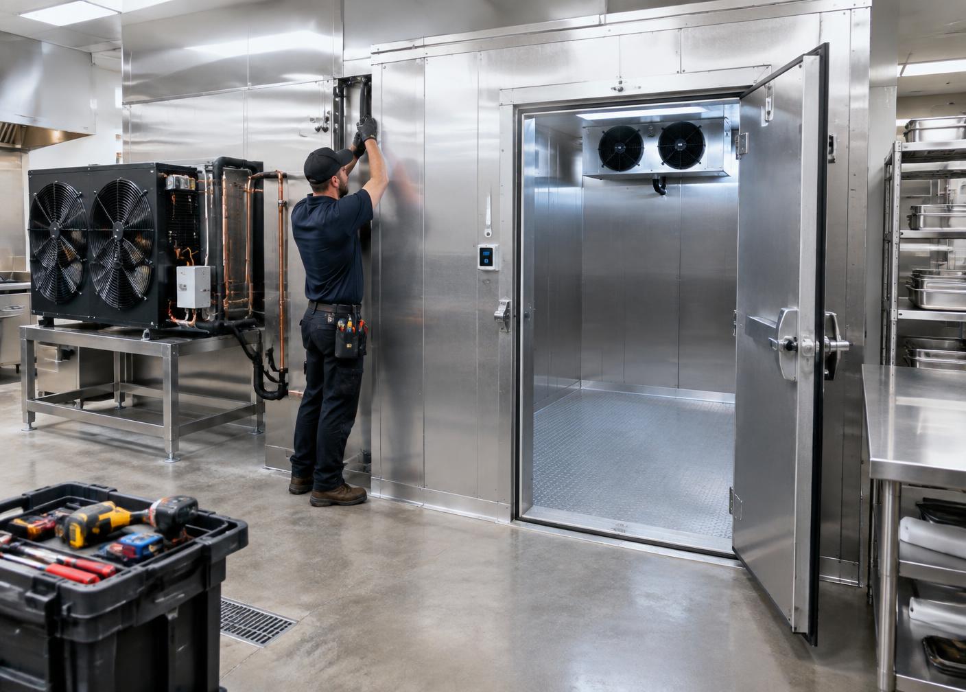 Technician installing a commercial walk-in cooler