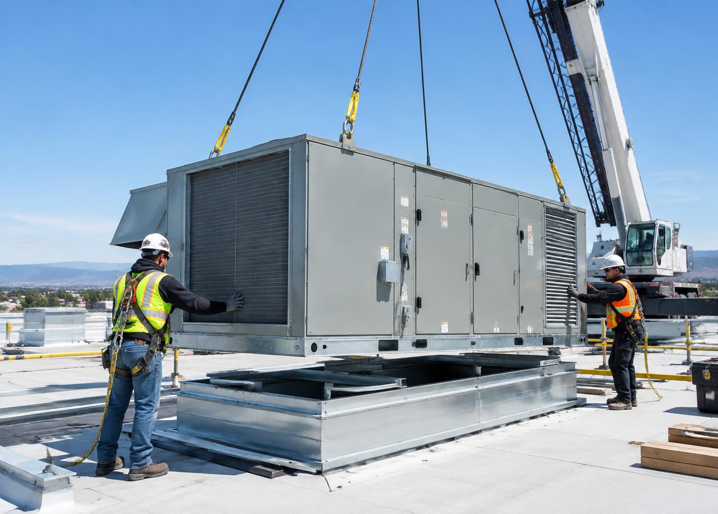 Commercial rooftop HVAC unit being installed